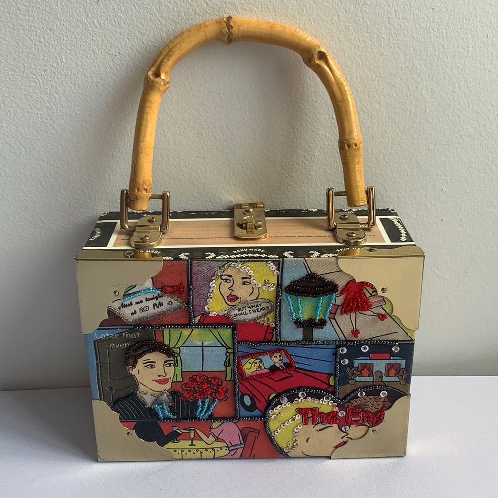 Artistic Box Handbag with Bamboo Handle